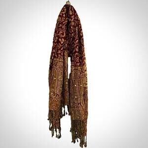 Red Gold Floral Indian Pashmina Shawl Wrap Scarf Fringe Tassel Womens One Size